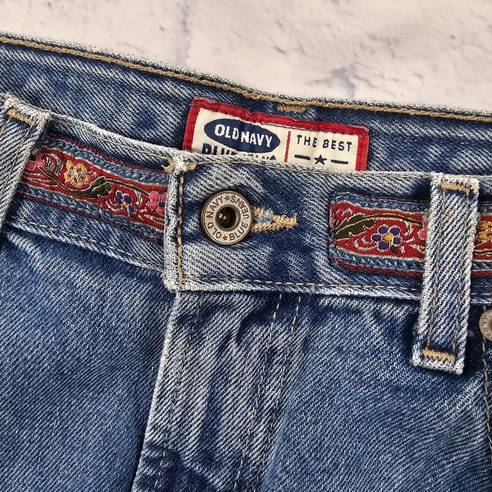 Old Navy Blue Jeans Womens 12 Medium Floral Embroidered Trim Wide Leg VINTAGE - Picture 10 of 13